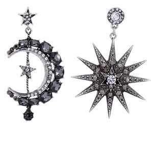 Star Crescent Moon Mismatched Silver Tone Smoky Crystal Dangle Earrings NWT